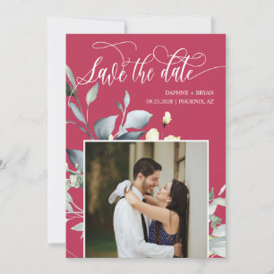 Reserva La Fecha Elegantes Hojas Verdes Magenta Código QR Foto Boda