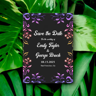 Reserva La Fecha Elegantes Luces de Neón Rosas Floral Negro Boda