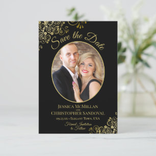 Reserva La Fecha Elegantes rizos de oro Oval Foto Boda negro