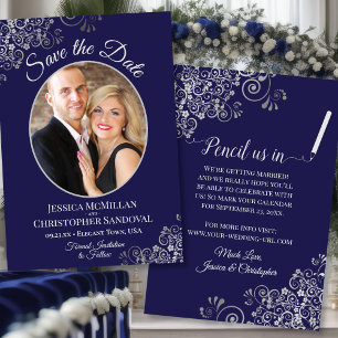 Reserva La Fecha Elegantes rizos de plata y foto en boda azul marin
