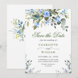 Reserva La Fecha Elegantes Rosas Azules de Eucalipto Floral Boda