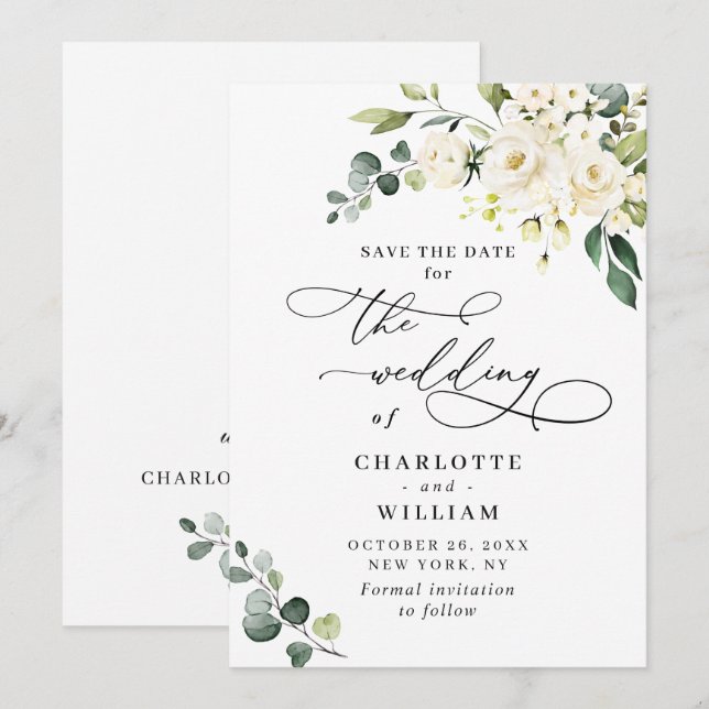 Reserva La Fecha Elegantes Rosas Blancas de Eucalipto Floral Boda (Anverso / Reverso)
