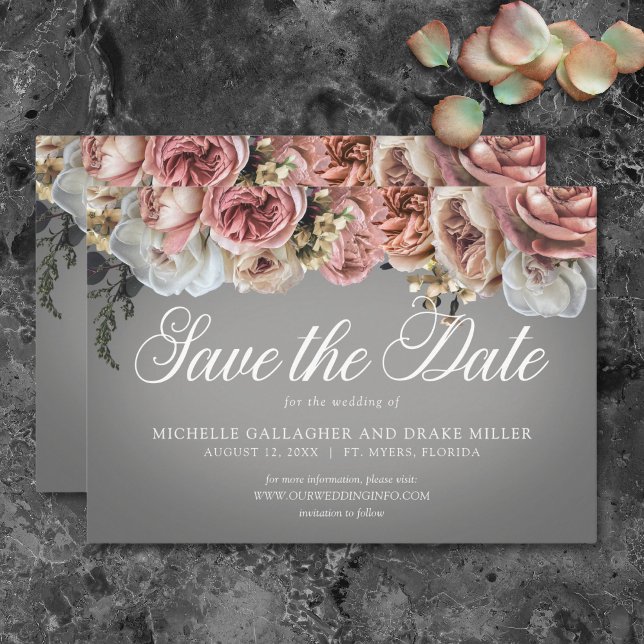 Reserva La Fecha Elegantes Rosas de flores blancas rosadas Boda gri (Elegant Pink White Floral Roses Gray Wedding Save The Date)