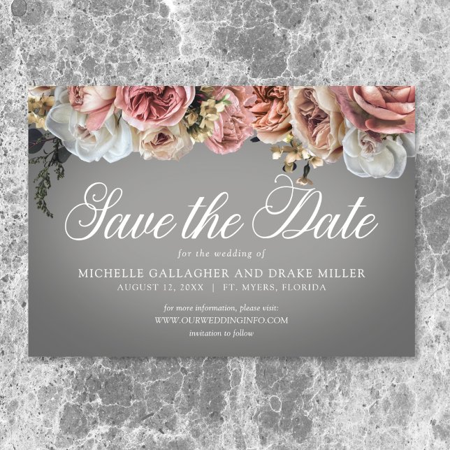 Reserva La Fecha Elegantes Rosas de flores blancas rosadas Boda gri (Elegant Pink White Floral Roses Gray Wedding Save The Date)