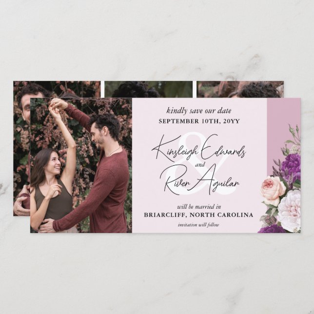 Reserva La Fecha Elegantes Rosas florales y Boda Dusty Mauve (Anverso / Reverso)