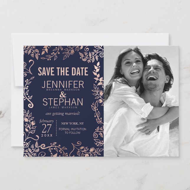 Reserva La Fecha Elegantes Save the Dates Florales de Azul Marino y (Anverso)