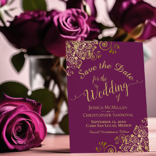 Reserva La Fecha Elegantes toneles de oro en el Boda púrpura magent