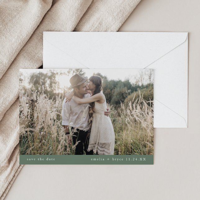 Reserva La Fecha EMELIA Foto Sage simple Boda Rústico del Boho Verd (EMELIA Photo Simple Sage Green Boho Rustic Wedding Save The Date)