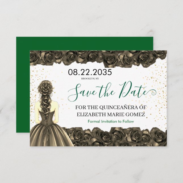 Reserva La Fecha Emerald & Black Quinceañera Save the Date (Anverso / Reverso)