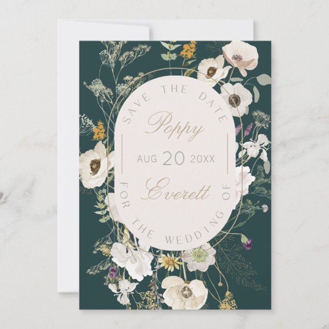 Reserva La Fecha Emerald & Cream Poppy Floral Save The Date Card (Anverso)