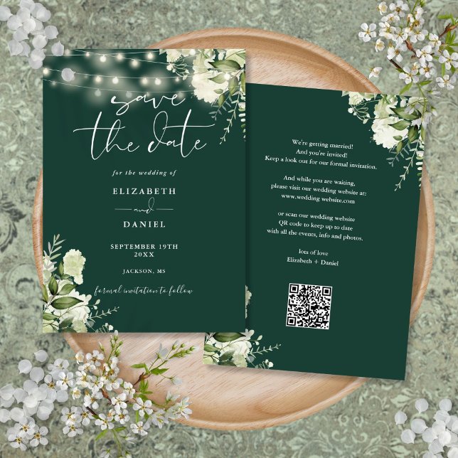 Reserva La Fecha Emerald Floral String Lights QR Code Boda (Emerald Floral String Lights QR Code Wedding Save The Date)