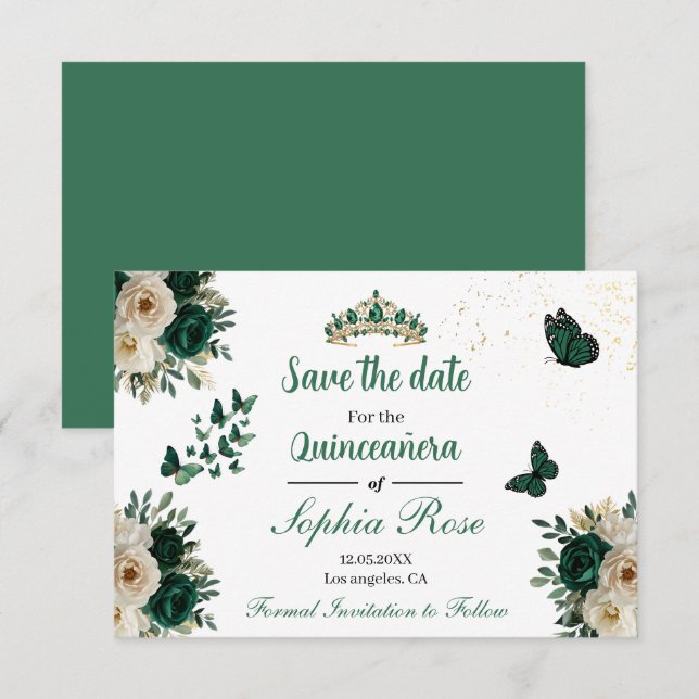 Reserva La Fecha Emerald Gold Butterfly Tiara Quinceañera Save Date (Anverso / Reverso)