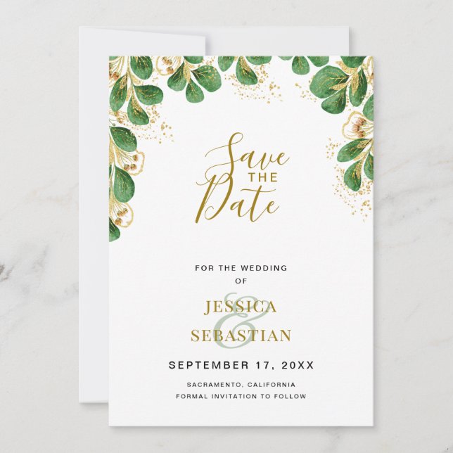 Reserva La Fecha Emerald & Gold Eucalyptus Greenery Elegante Foto (Anverso)