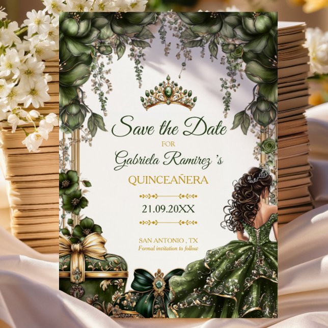 Reserva La Fecha Emerald Green Golden Tiara Floral Quinceañera (Subido por el creador)