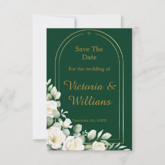 Reserva La Fecha Emerald Winter Elegant Gold Floral Wedding Announc