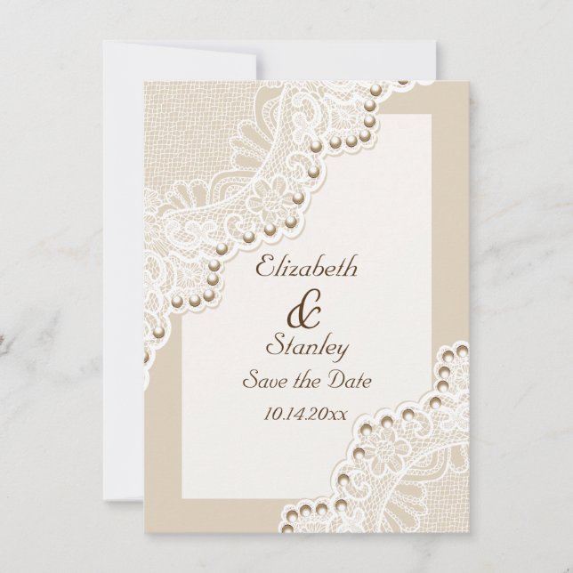 Reserva La Fecha Encaje blanco con boda de perlas Salven la fecha (Anverso)
