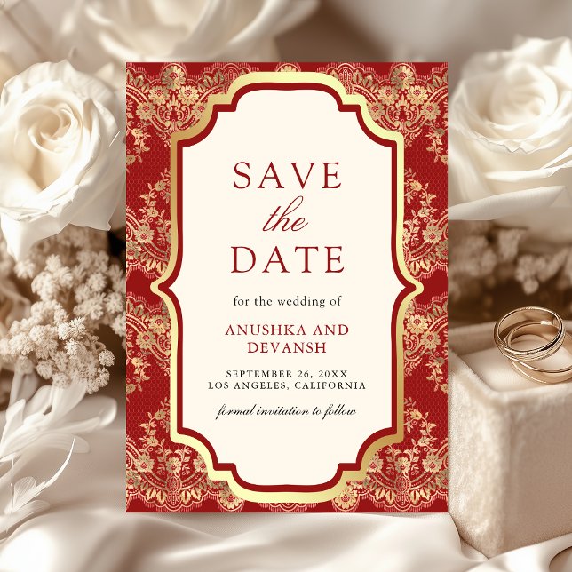 Reserva La Fecha Encaje Dorado Rojo Boda India (Subido por el creador)