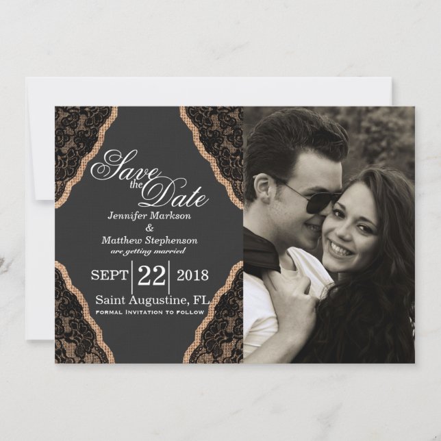 Reserva La Fecha Encaje negro elegante sobre arpillera de yute (Anverso)