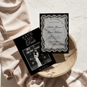 Reserva La Fecha Encaje negro y blanco Dinero antiguo Foto Boda