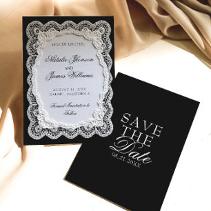 Reserva La Fecha Encaje negro y blanco Doily Boda de dinero antiguo