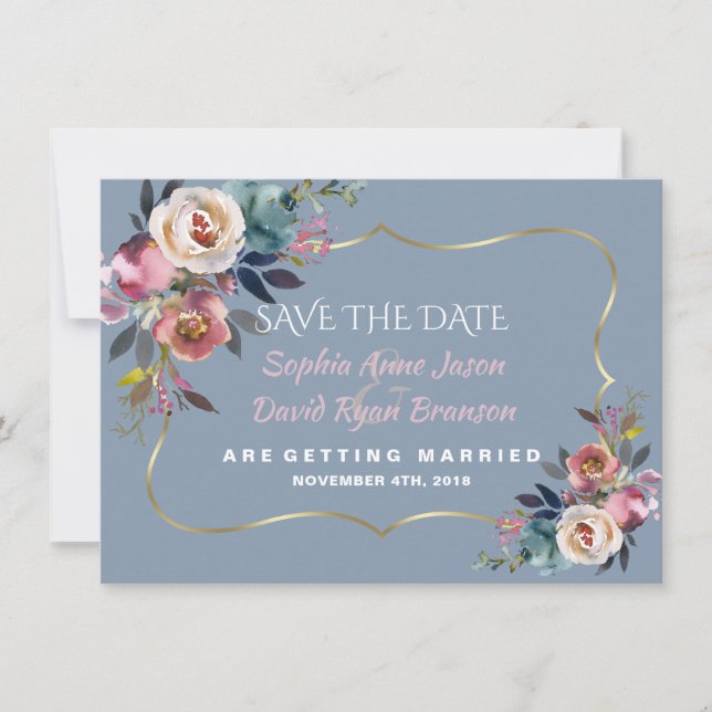 Reserva La Fecha Encanto Polvo Azul Bruma Rosa Dorado Boda (Anverso)