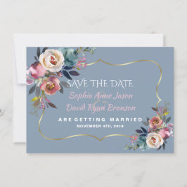 Reserva La Fecha Encanto Polvo Azul Bruma Rosa Dorado Boda
