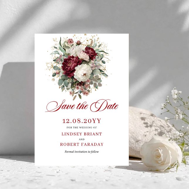 Reserva La Fecha Encanto Rosa Borgoña Dorado Salva La Fecha (Charming Blush Burgundy Gold Save The Date)