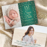 Reserva La Fecha Entonces y ahora fotos Quinceañera Green & Gold Pu<br><div class="desc">¡Mira quién cumple 15 años! Comparte entonces y ahora fotos de la quinceañera con una foto única 2 guardar las invitaciones de fecha. Las imágenes y todos los textos de esta plantilla son fáciles de personalizar. Los colores, estilos de fuente y opacidad de superposición se pueden personalizar fácilmente con la...</div>