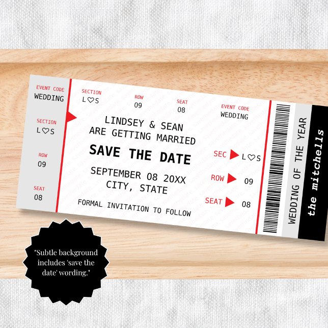 Reserva La Fecha Entrada para Concierto Música Gig Boda Única (Concert Ticket Music Gig Unique Wedding Save The Date)
