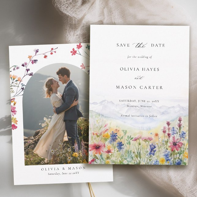 Reserva La Fecha Escena de montañas prado rústico flores silvestres (mountains wedding save the date boho arch photo wildflowers meadow floral watercolor)