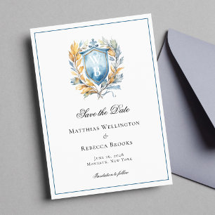 Reserva La Fecha Escudo azul clásico formal Monograma Boda foto