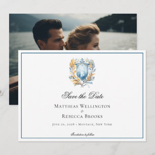 Reserva La Fecha Escudo azul clásico formal Monograma Boda foto