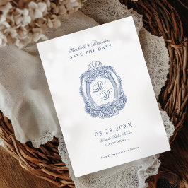 Reserva La Fecha Escudo barroco Boda de la Antigüedad Azul Francesa