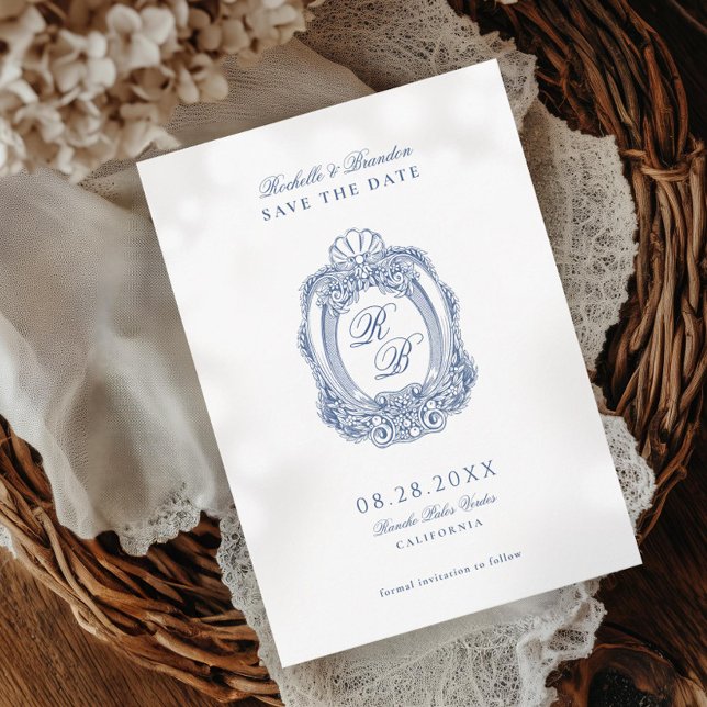 Reserva La Fecha Escudo barroco Boda de la Antigüedad Azul Francesa (Subido por el creador)