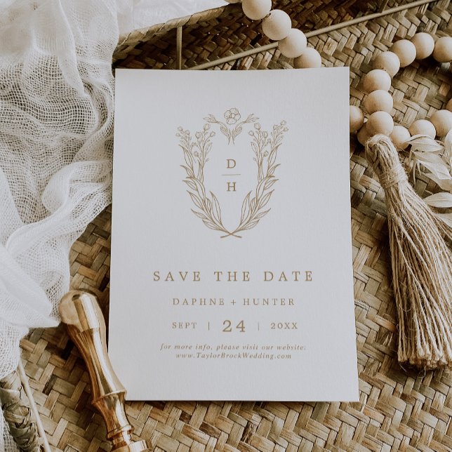 Reserva La Fecha Escudo Blanco Dorado de DAPHNE Boho Boda simple (DAPHNE Classy Gold White Crest Boho Simple Wedding Save The Date)