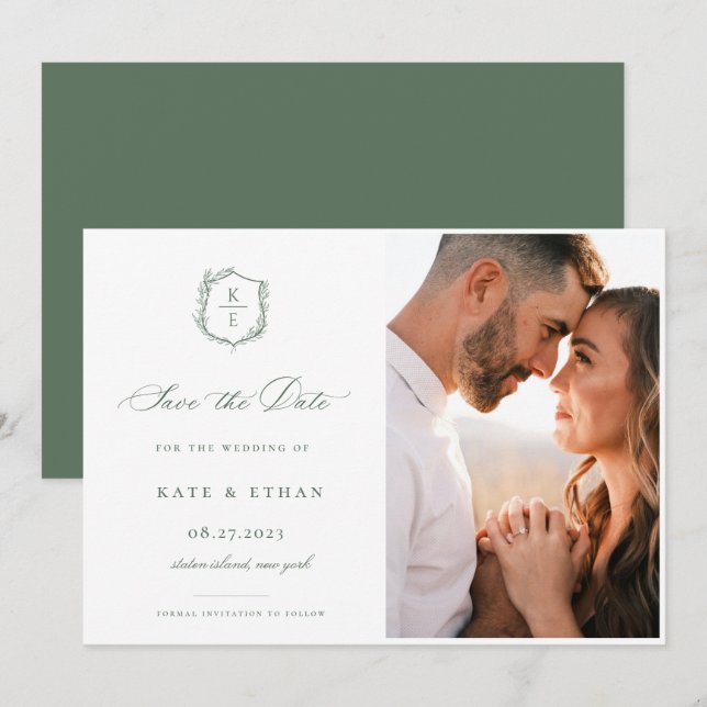 Reserva La Fecha Escudo botánico Sage Monograma Boda Foto (Anverso / Reverso)