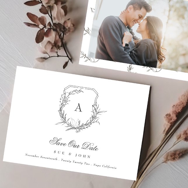 Reserva La Fecha escudo clásico de monograma floral botánico (Subido por el creador)