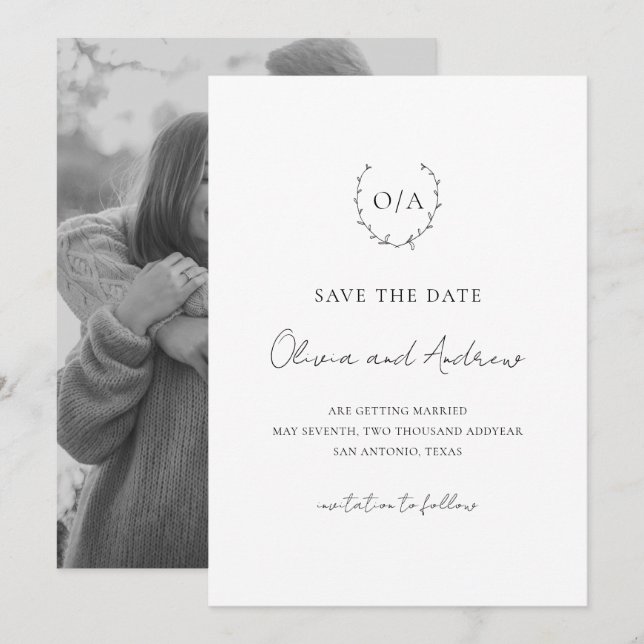 Reserva La Fecha Escudo de guirnalda monograma clásico matrimonio e (Anverso / Reverso)