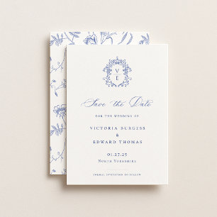 Reserva La Fecha Escudo de Monograma Azul Regencia Boda