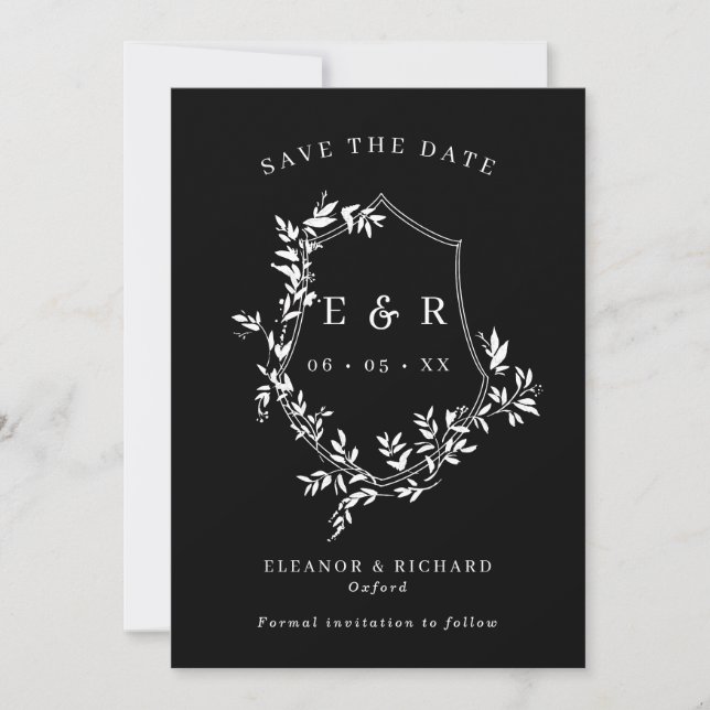 Reserva La Fecha Escudo de monograma clásico blanco sobre Boda negr (Anverso)