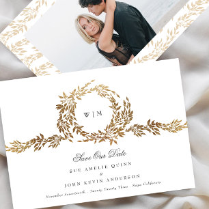 Reserva La Fecha Escudo de oro Monograma Clásico de Boda Elegante F