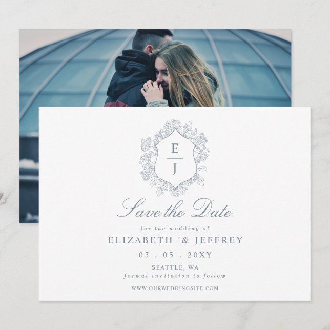 Reserva La Fecha Escudo Floral Azul Dusty Monograma Foto (Anverso / Reverso)