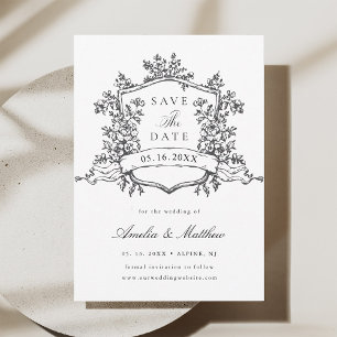 Reserva La Fecha Escudo floral clásico Boda blanco y negro