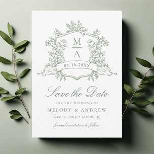 Reserva La Fecha Escudo floral clásico Sage Green Boda