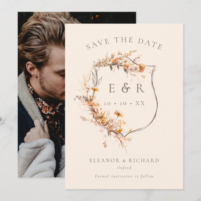 Reserva La Fecha Escudo floral rústico Monograma Fall Wedding (Anverso / Reverso)