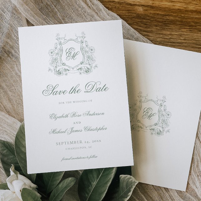 Reserva La Fecha Escudo floral verde sabio Monograma matrimonio ele (Subido por el creador)