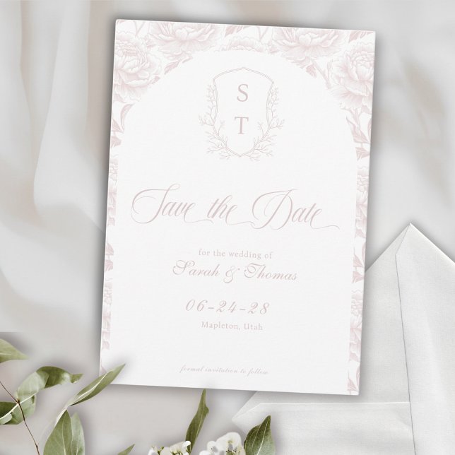 Reserva La Fecha Escudo Monograma Rubor Guión rosa (Crest Save The Date Formal Card blush pink. Wedding classic and timeless)
