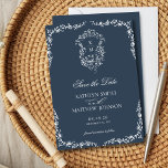 Reserva La Fecha Escudo Vintage Floral Boda Sa<br><div class="desc">Boda de Escudo Vintage Floral Monograma Azul de la Marina Guardar la tarjeta de fecha. Celebra tu día especial con este elegante y hermoso diseño de invitación a la boda para embellecer tu ocasión especial. Todos los textos están preorganizados para que puedas personalizarlos fácil y rápidamente con tus propios detalles....</div>