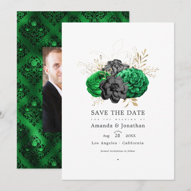 Reserva La Fecha Esmeralda oscura y Boda floral de oro (Anverso / Reverso)