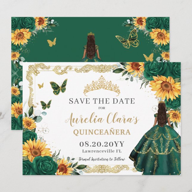 Reserva La Fecha Esmeralda Verde girasol Floral Oro Quinceañera (Anverso / Reverso)